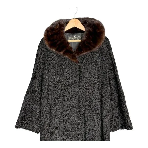 Women’s Black Persian Lamb Coat w Brown Mink Collar Flemington Furs Medium - Picture 2 of 12